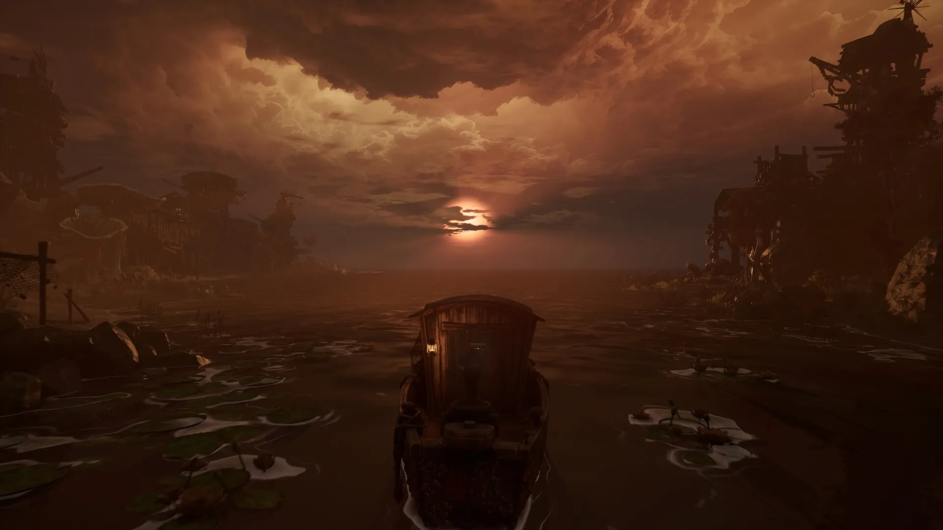 A small vessel on dark water beneath an orange sunset in DREADMOOR.