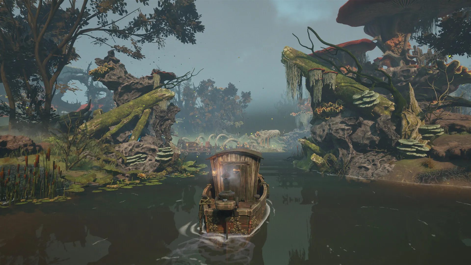 A boat moving between vegetation-covered banks in DREADMOOR.