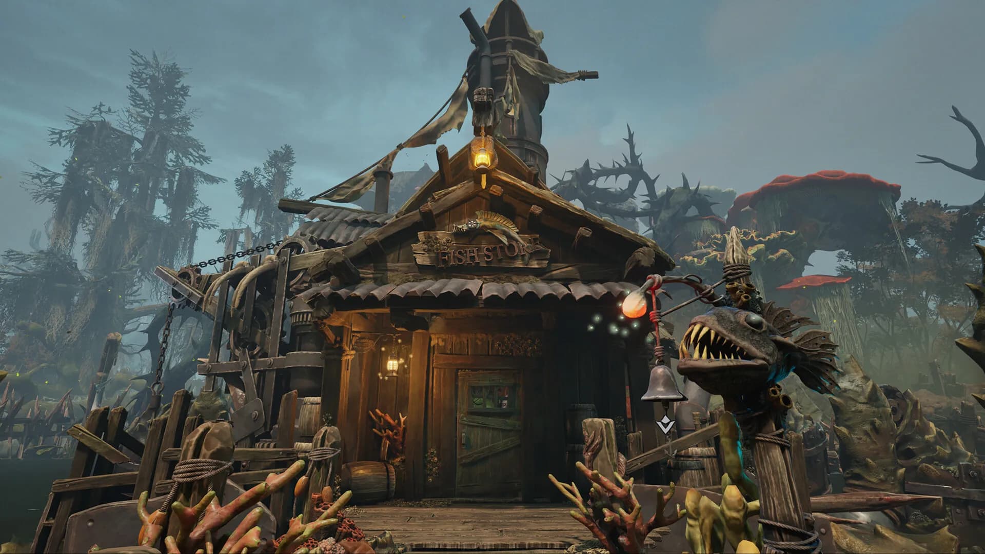 A wooden waterside building with lanterns in DREADMOOR.